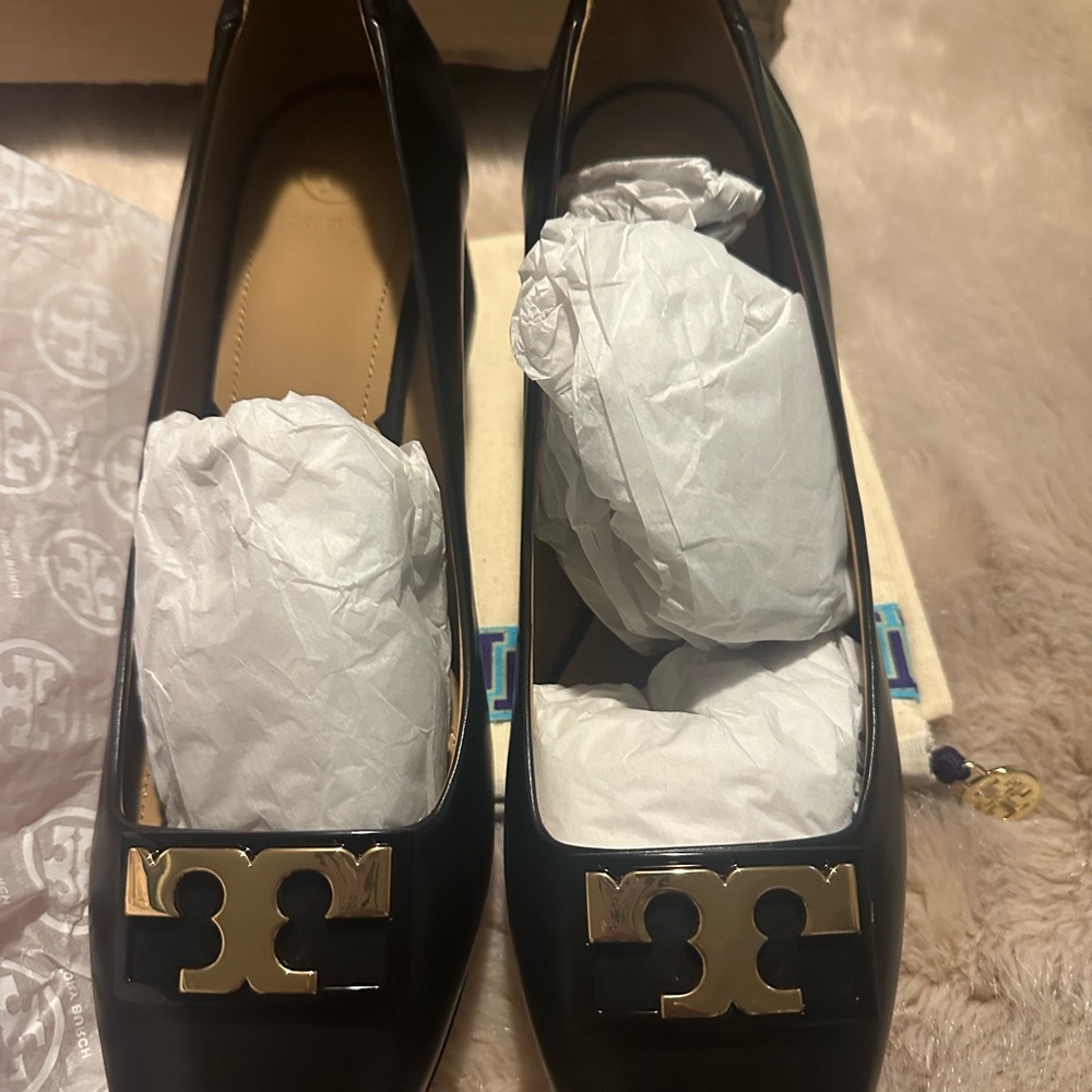 Tory Burch Black Flats with Gold Logo